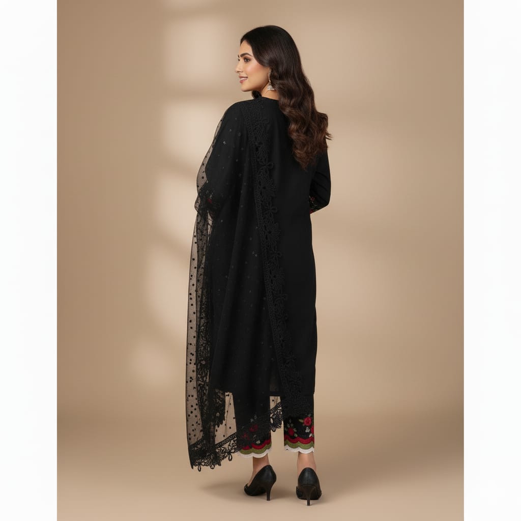 Silakaari Khilwat Pure Black Organza Heavy Embroidery Patch Work Ready-Made Dress