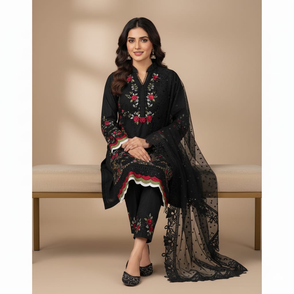 Silakaari Khilwat Pure Black Organza Heavy Embroidery Patch Work  Ready-Made Dress