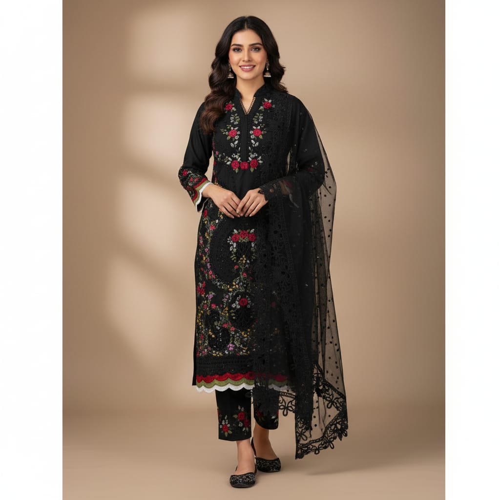 Silakaari Khilwat Pure Black Organza Heavy Embroidery Patch Work Ready-Made Dress