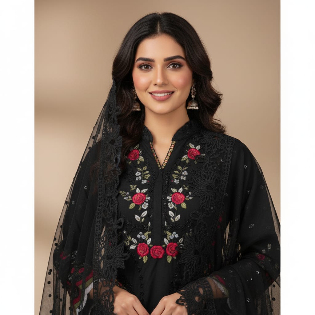 Silakaari Khilwat Pure Black Organza Heavy Embroidery Patch Work  Ready-Made Dress