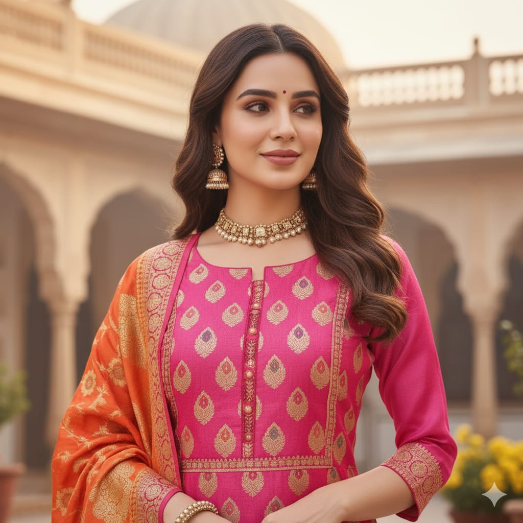 Silakaari Afsana Orange-Hot Pink Double Zari Banarasi Silk Unstitch Salwar Suit