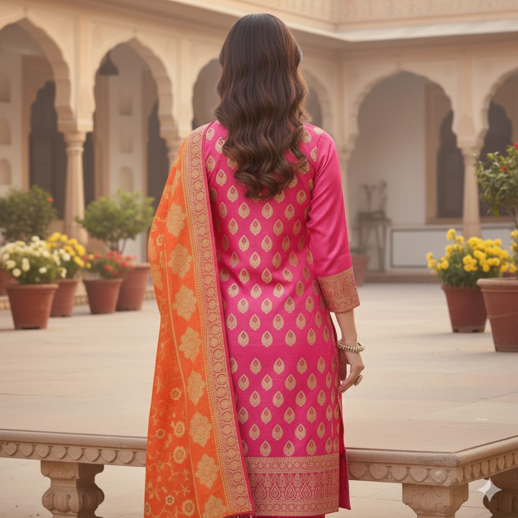 Silakaari Afsana Orange-Hot Pink Double Zari Banarasi Silk Unstitch Salwar Suit