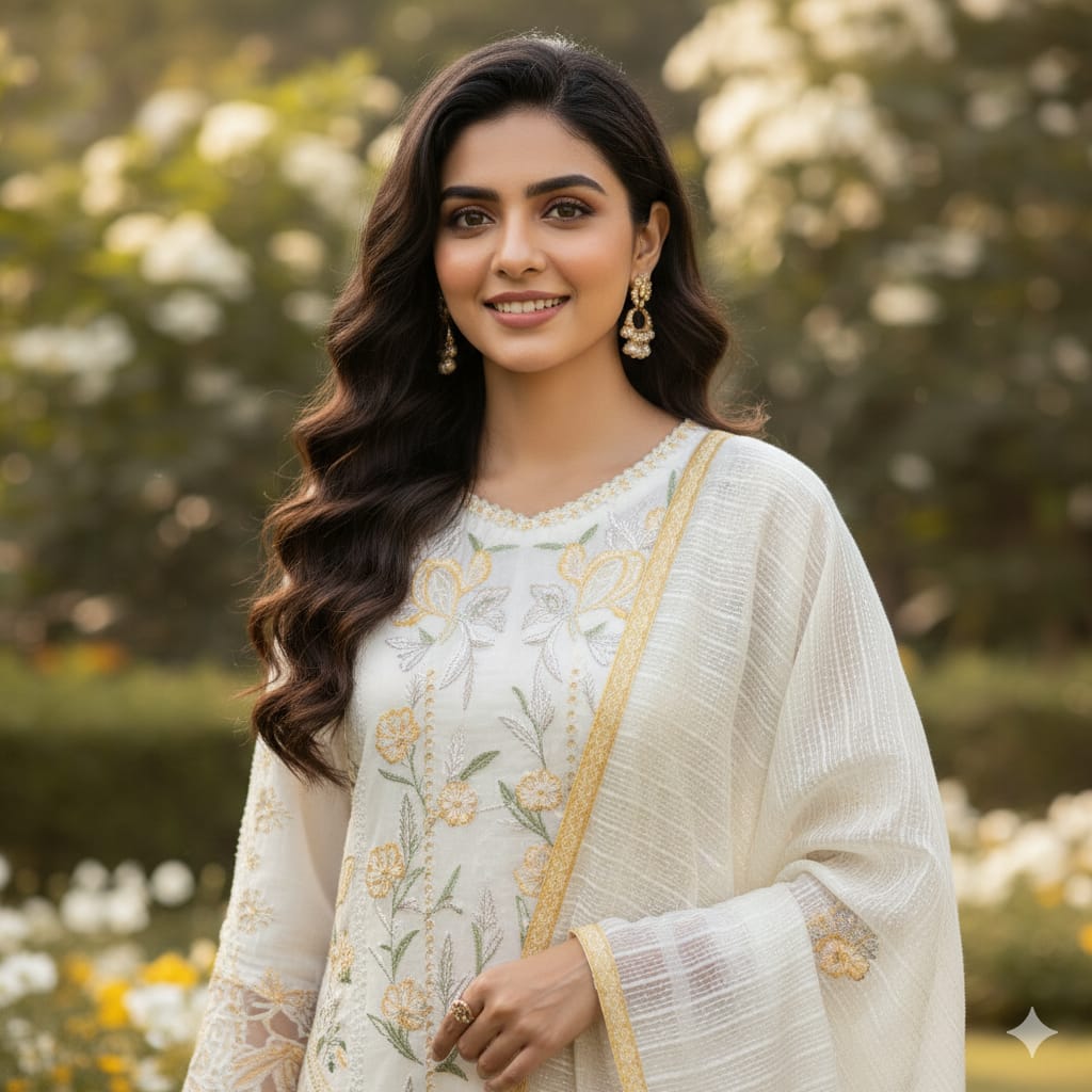 Silakaari Roomani Cream-Gold Heavy Organza Patch Fancy Dupatta Ready-Made Dress