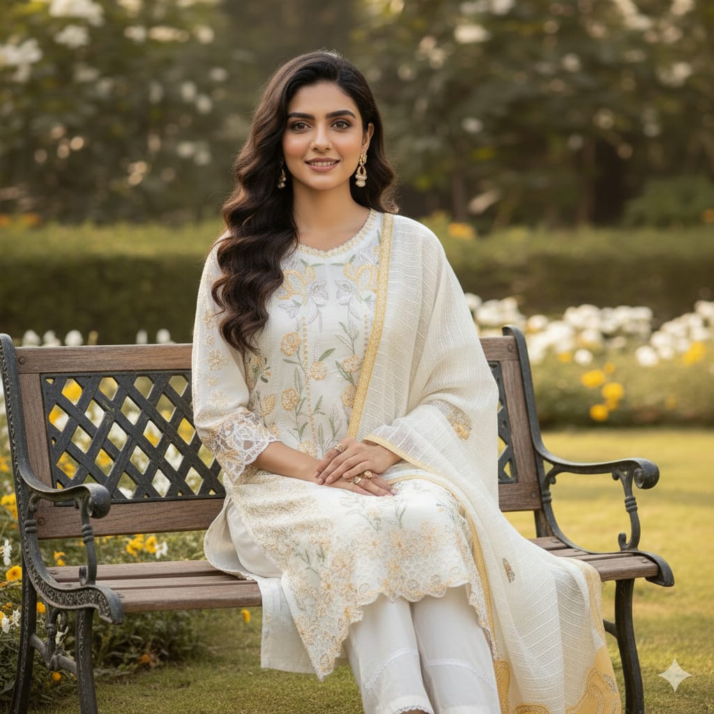 Silakaari Roomani Cream-Gold Heavy Organza Patch Fancy Dupatta Ready-Made Dress