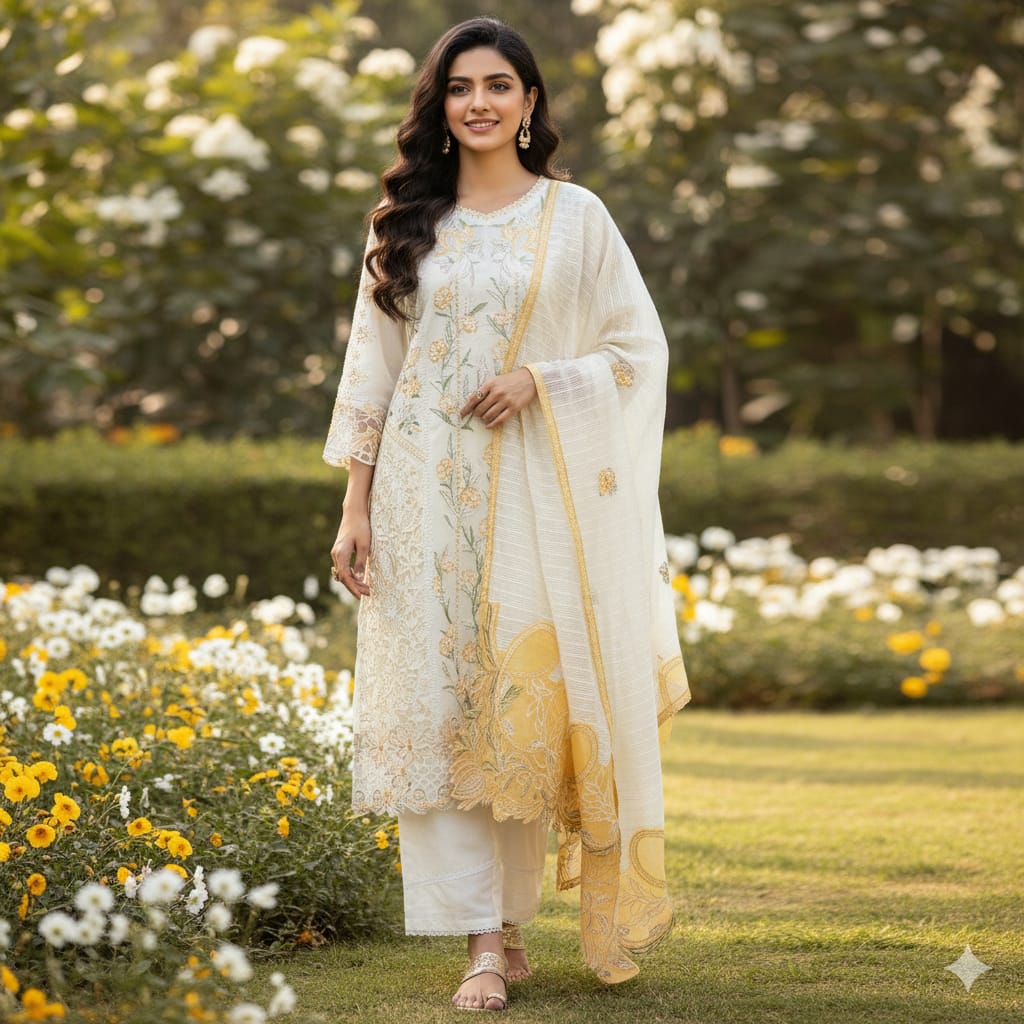 Silakaari Roomani Cream-Gold Heavy Organza Patch Fancy Dupatta Ready-Made Dress