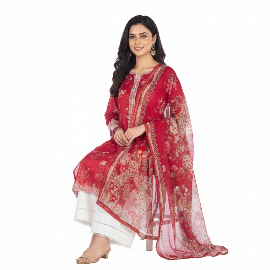 Silakaari Saaz Hot Pink Pure Lawn Embroidery Organza Patch Work  Ready-Made Dress