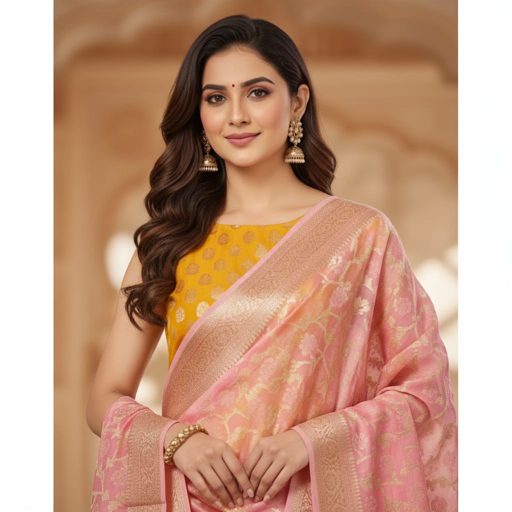 Silakaari Banarasi Zari Brocade Unstitched Suit Set Yellow-Pink With Banarasi Dupatta
