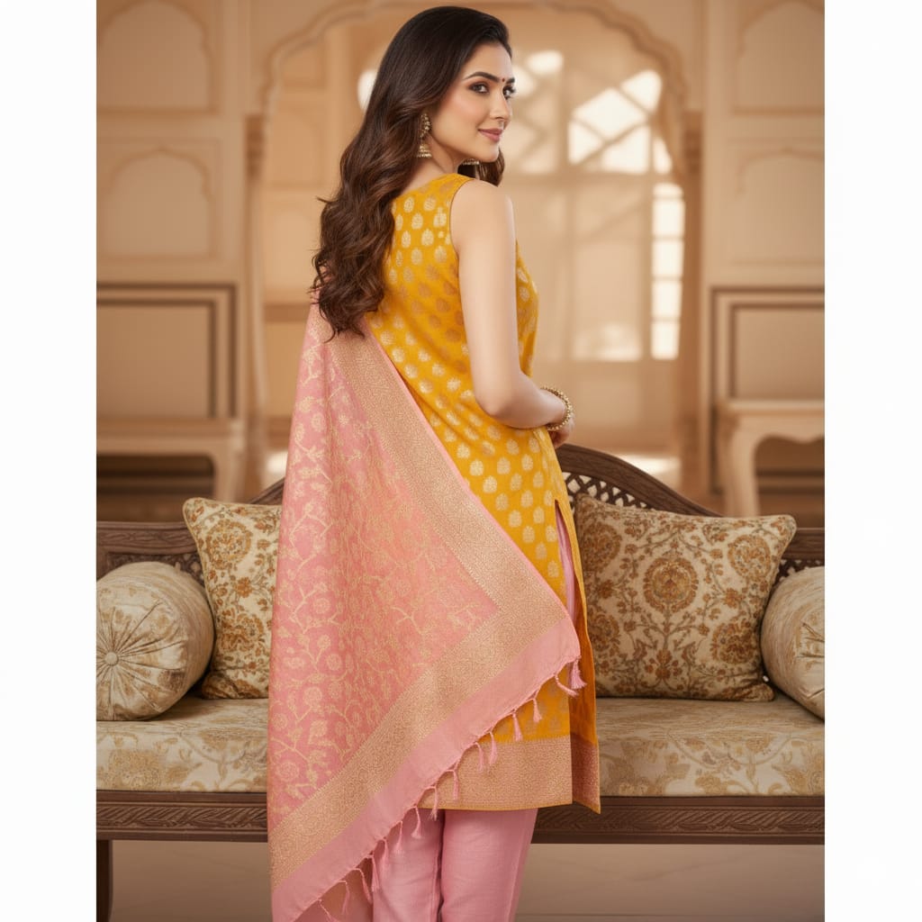 Silakaari Banarasi Zari Brocade Unstitched Suit Set Yellow-Pink With Banarasi Dupatta