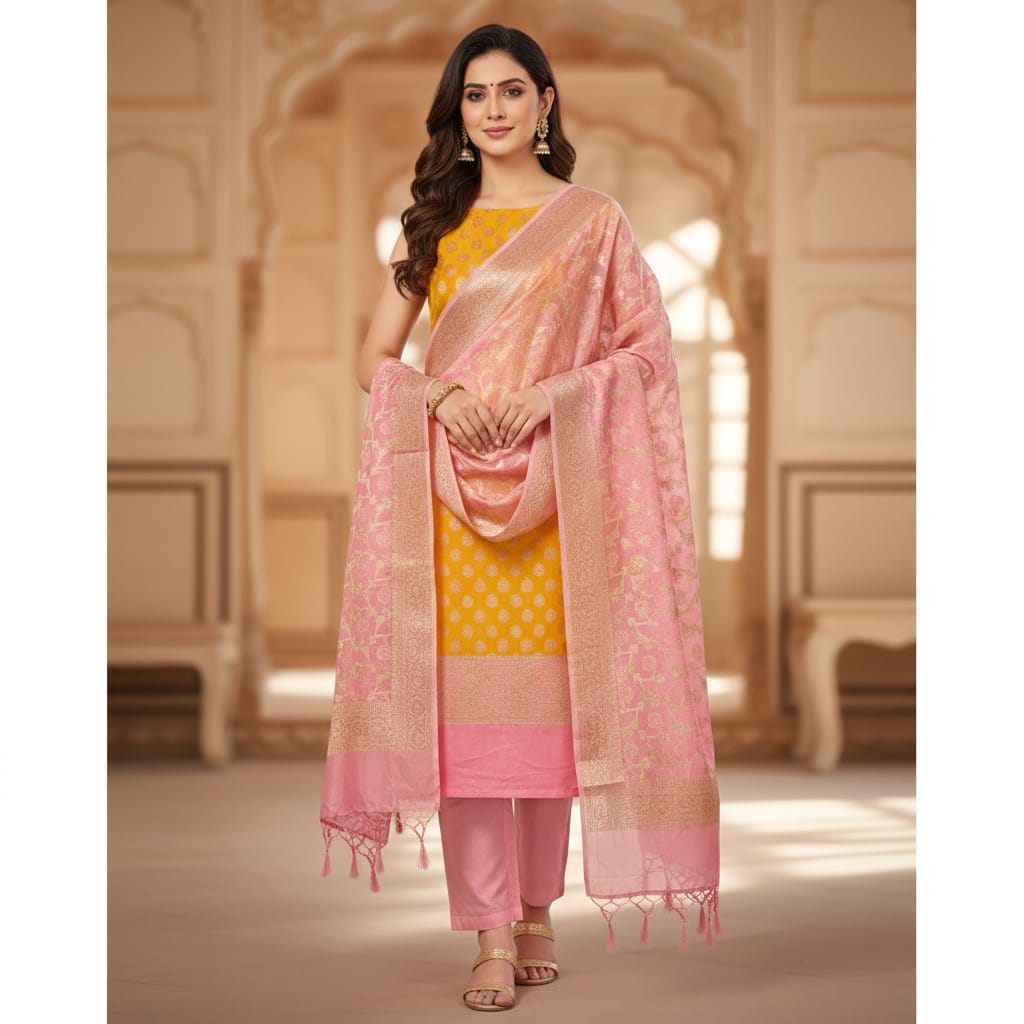 Silakaari Banarasi Zari Brocade Unstitched Suit Set Yellow-Pink With Banarasi Dupatta