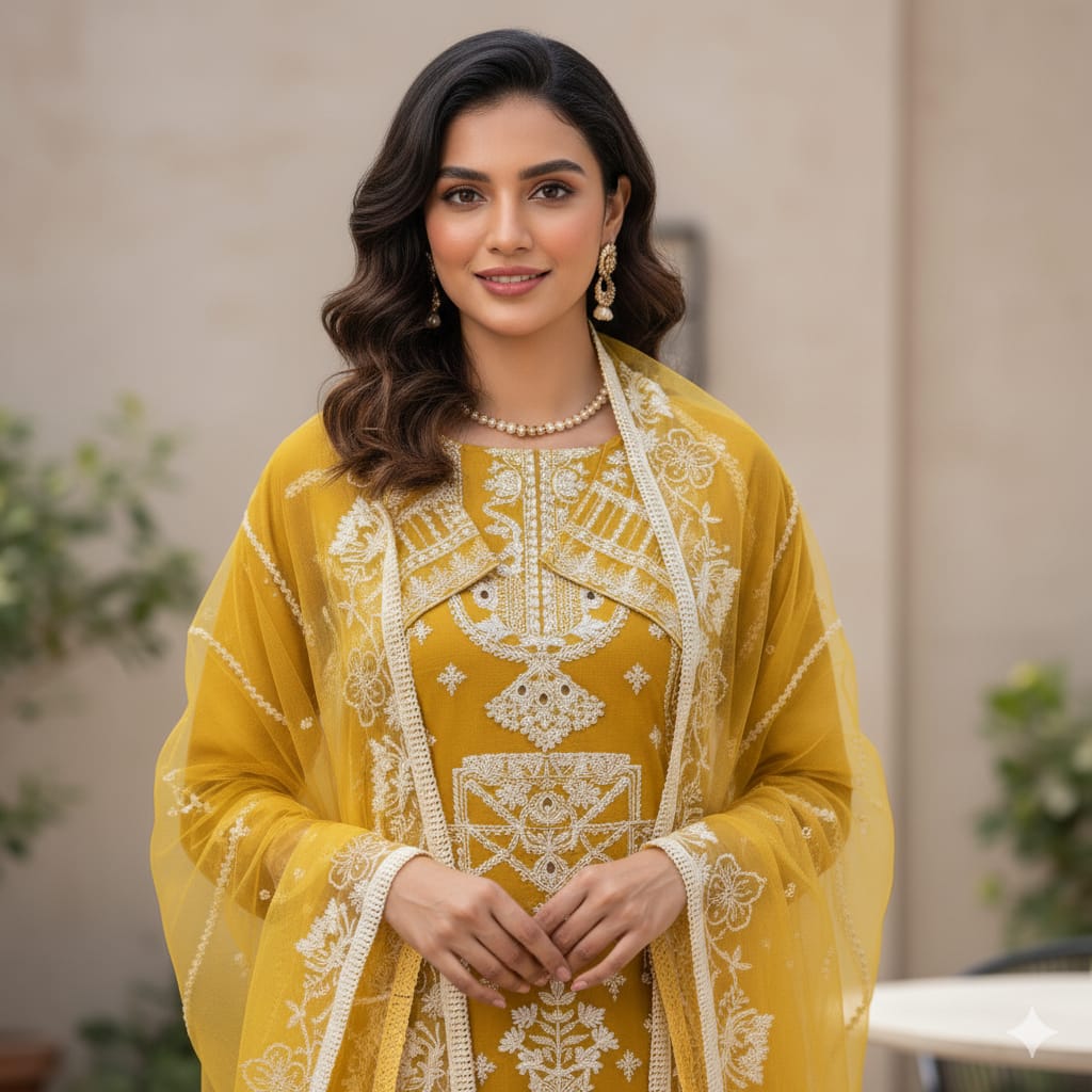 Silakaari Umeed Mustard-White Pure Organza Heavy Embroidery Patch Premium Unstitched Suits