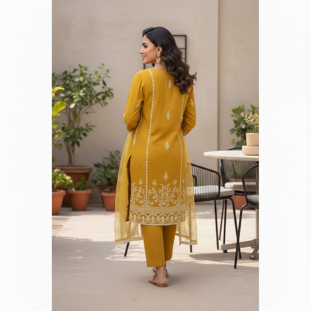 Silakaari Umeed Mustard-White Pure Organza Heavy Embroidery Patch Premium Unstitched Suits