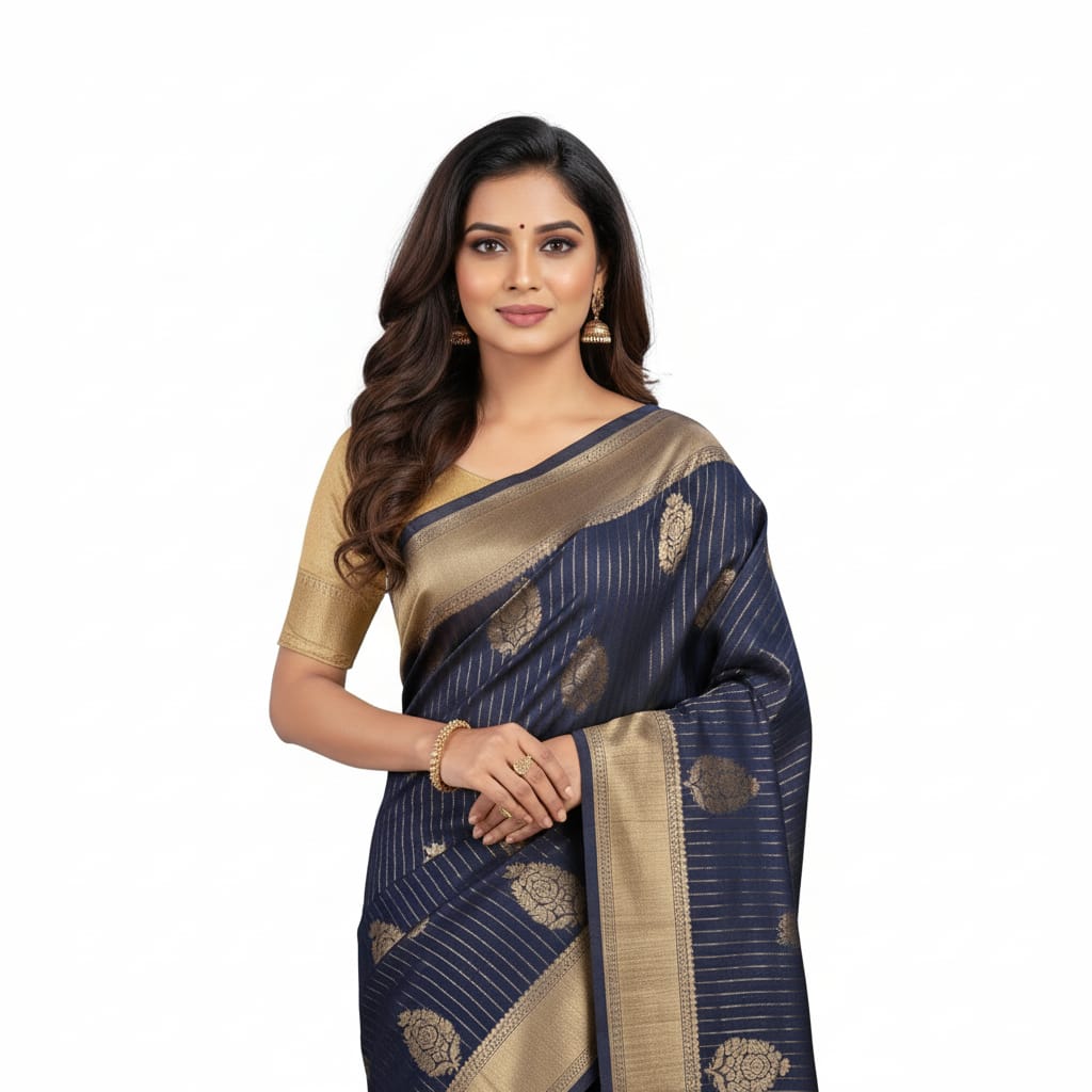 Silakaari Mohak Zari Dark Blue-Gold Fancy Banarasi Saree
