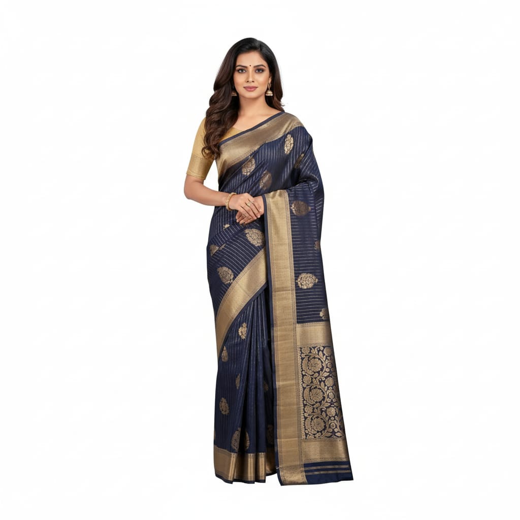 Silakaari Mohak Zari Dark Blue-Gold Fancy Banarasi Saree