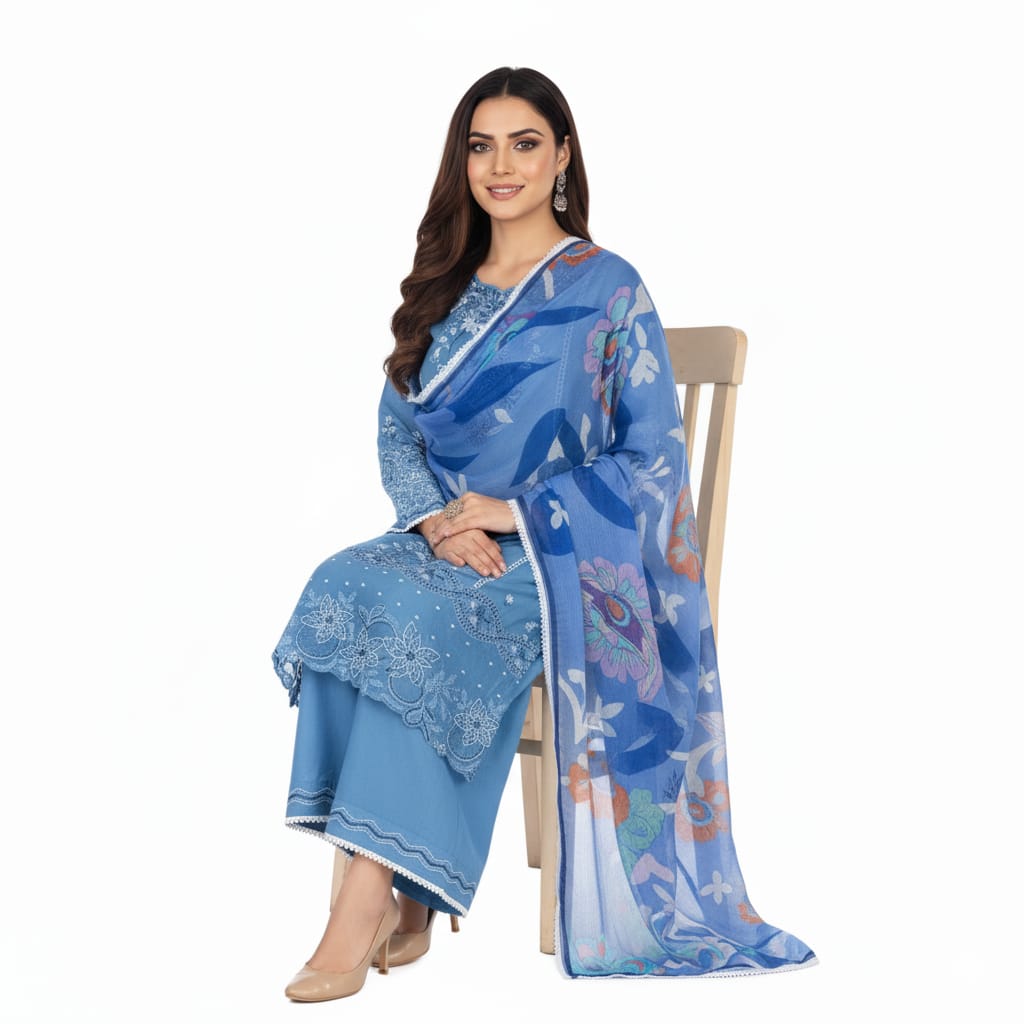 Silakaari Izhar Powder Blue Heavy Embroidery Organza Patch Pure Lawn Ready-Made Dress