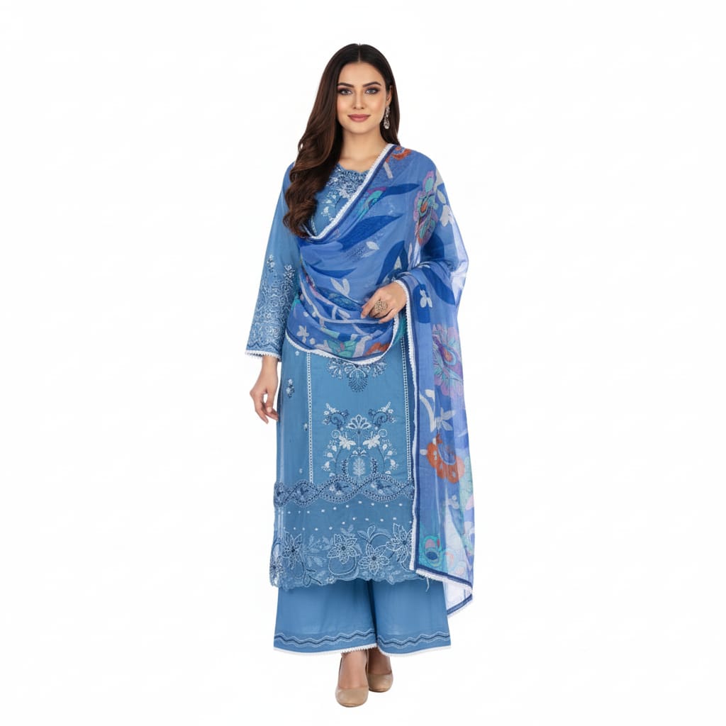 Silakaari Izhar Powder Blue Heavy Embroidery Organza Patch Pure Lawn Ready-Made Dress