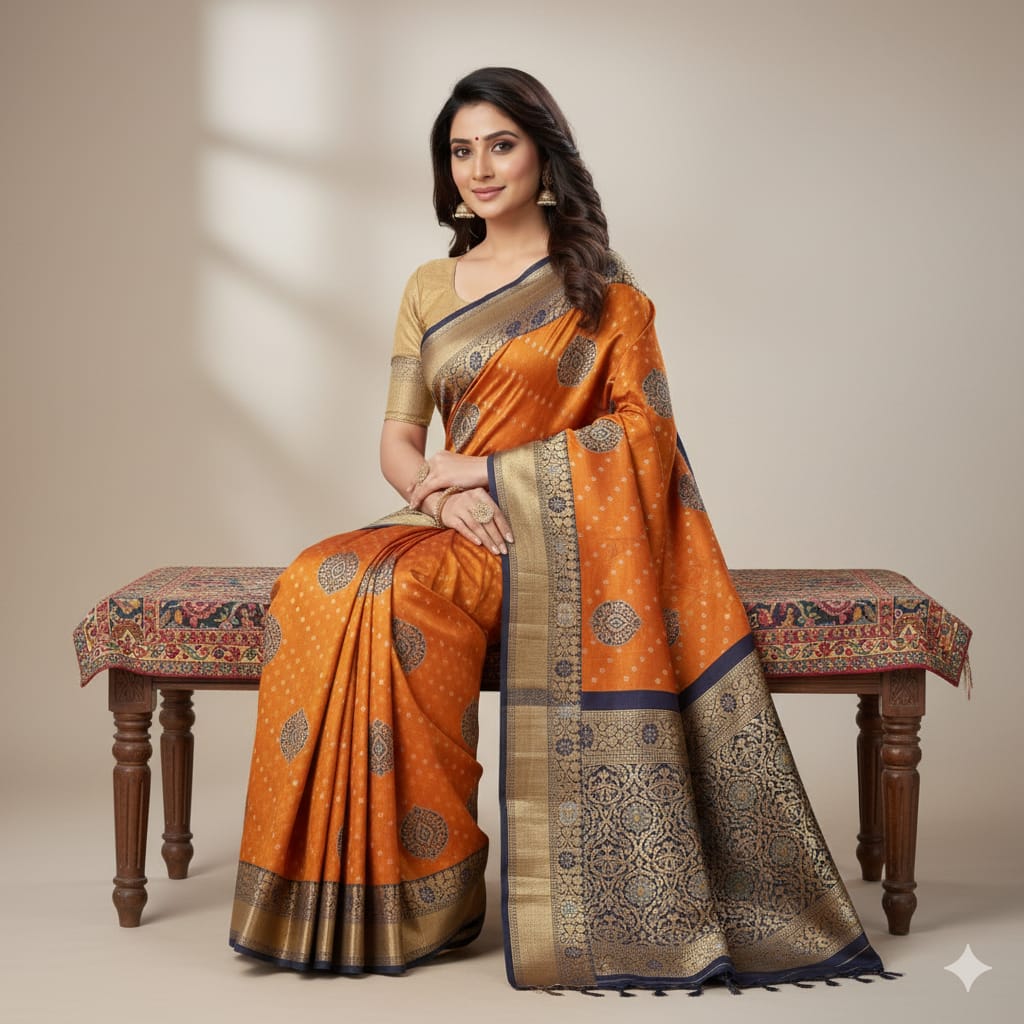 Silakaari Mustard-Blue Zari Banarasi Tilfi Handloom Saree