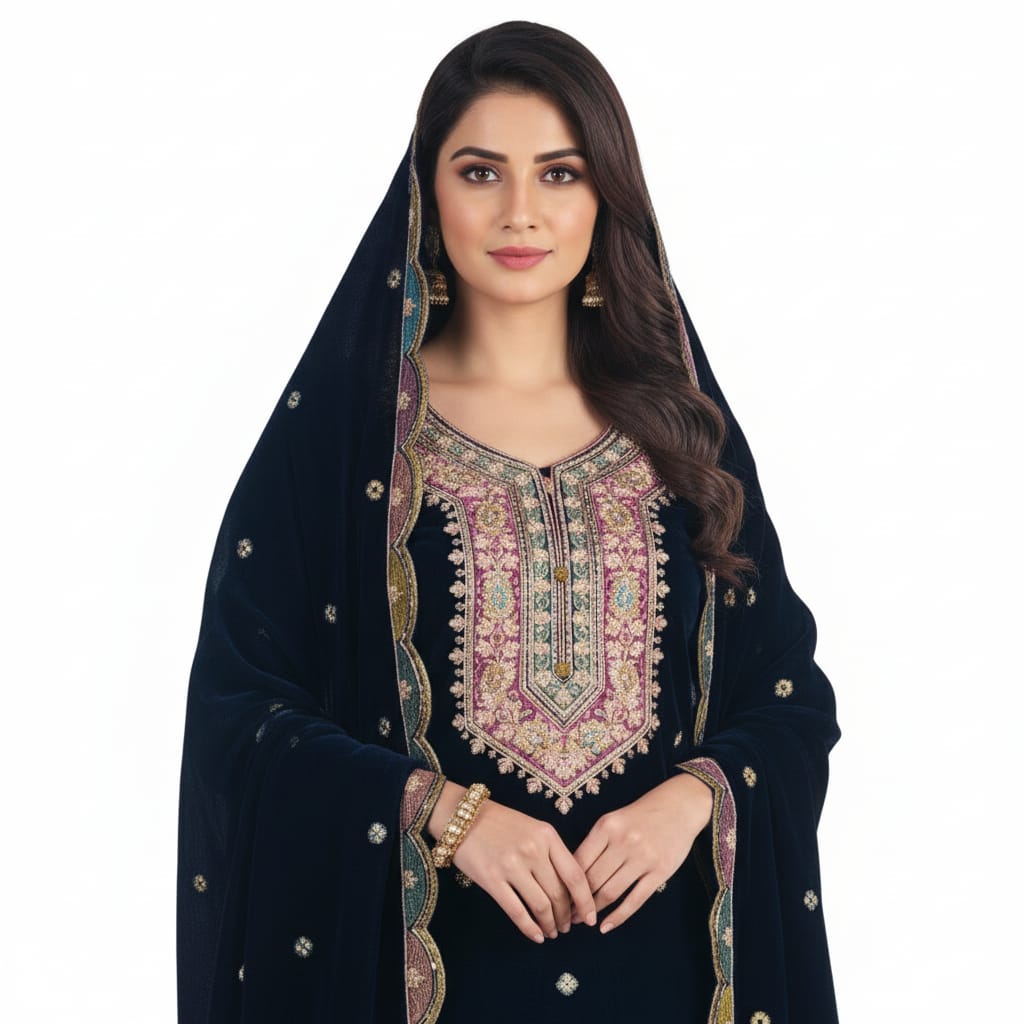 Silakaari Gehraiyaan Dark Blue-Gold Sequin Zari Bridal Pure Velvet Kurti Palazzo Set