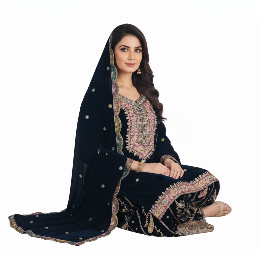 Silakaari Gehraiyaan Dark Blue-Gold Sequin Zari Bridal Pure Velvet Kurti Palazzo Set