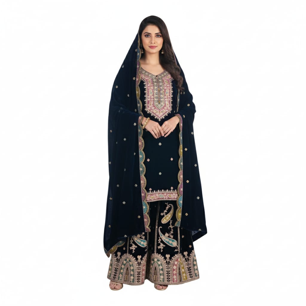 Silakaari Gehraiyaan Dark Blue-Gold Sequin Zari Bridal Pure Velvet Kurti Palazzo Set