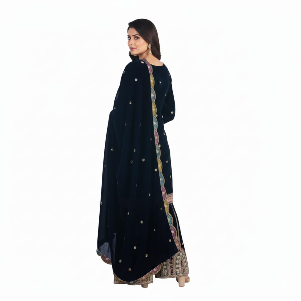 Silakaari Gehraiyaan Dark Blue-Gold Sequin Zari Bridal Pure Velvet Kurti Palazzo Set