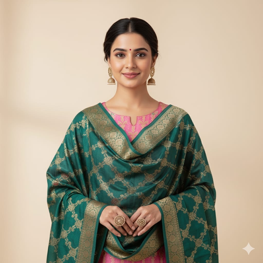 Silakaari Zubaida Banarasi Green-Pink Hand Woven Unstitch Dress Material