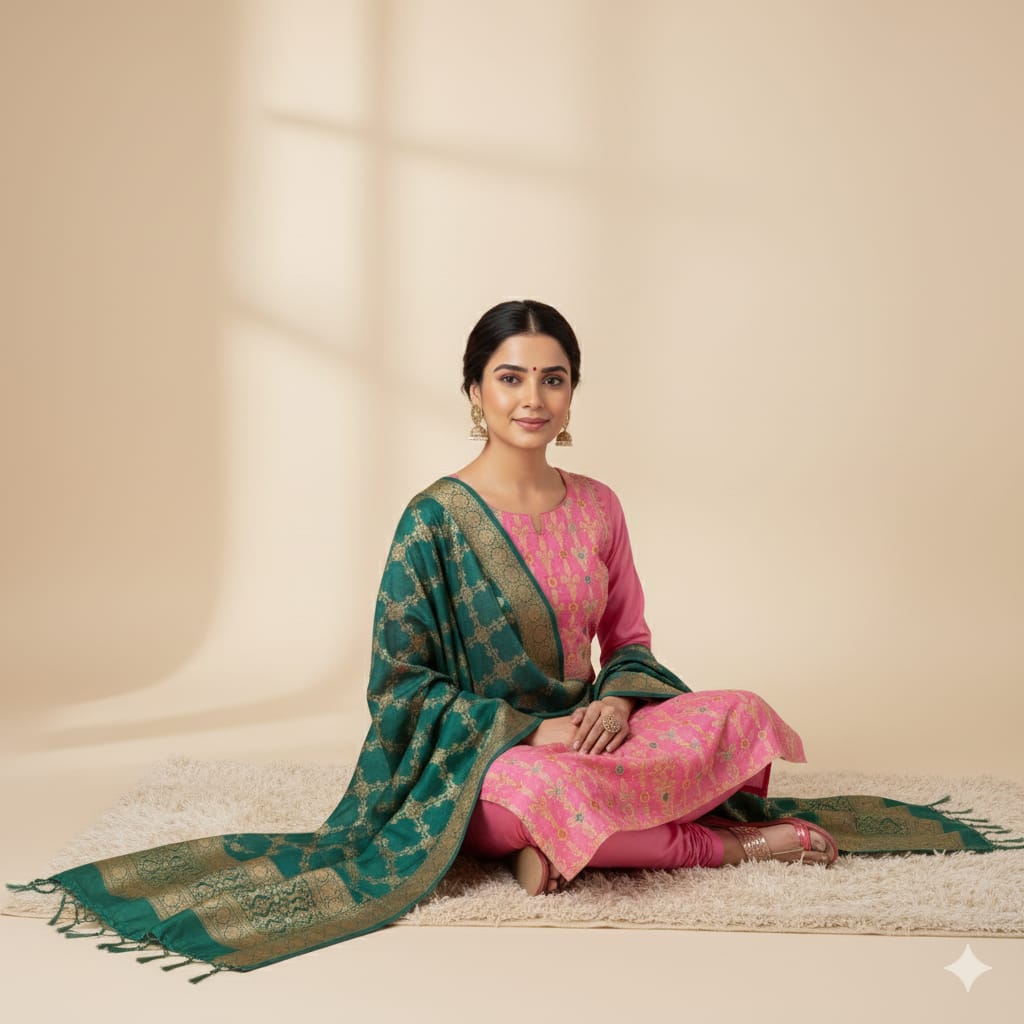 Silakaari Zubaida Banarasi Green-Pink Hand Woven Unstitch Dress Material