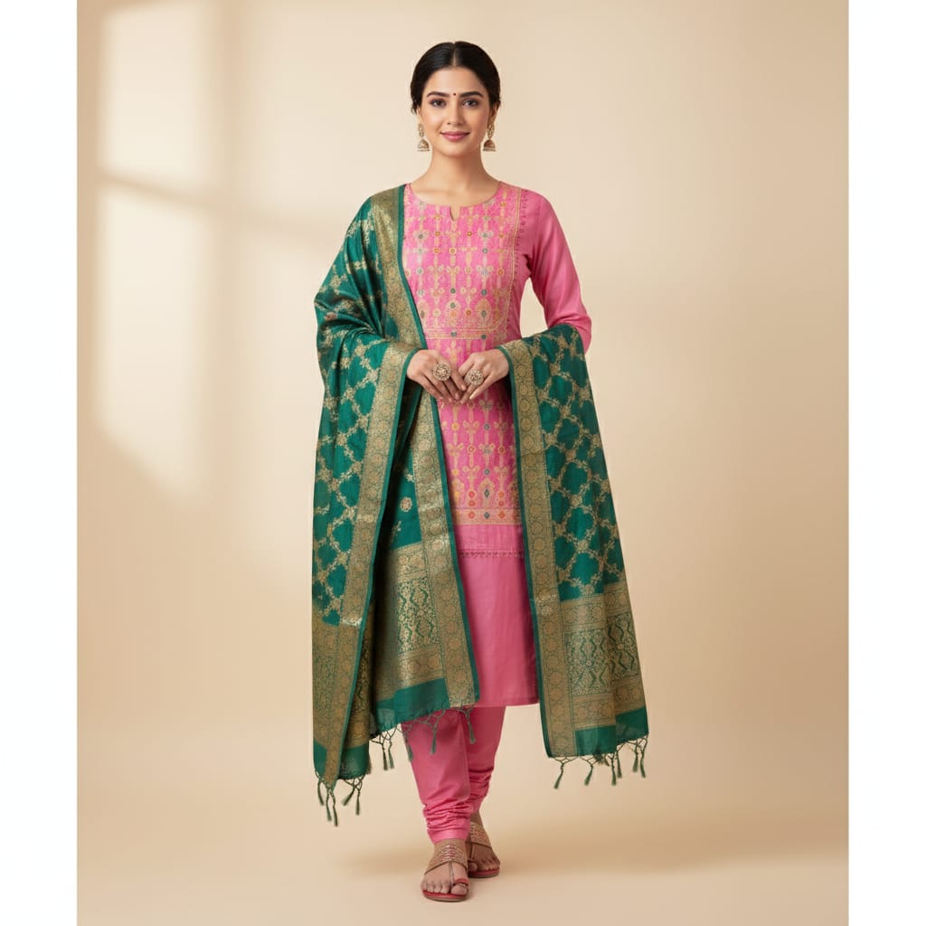 Silakaari Zubaida Banarasi Green-Pink Hand Woven Unstitch Dress Material