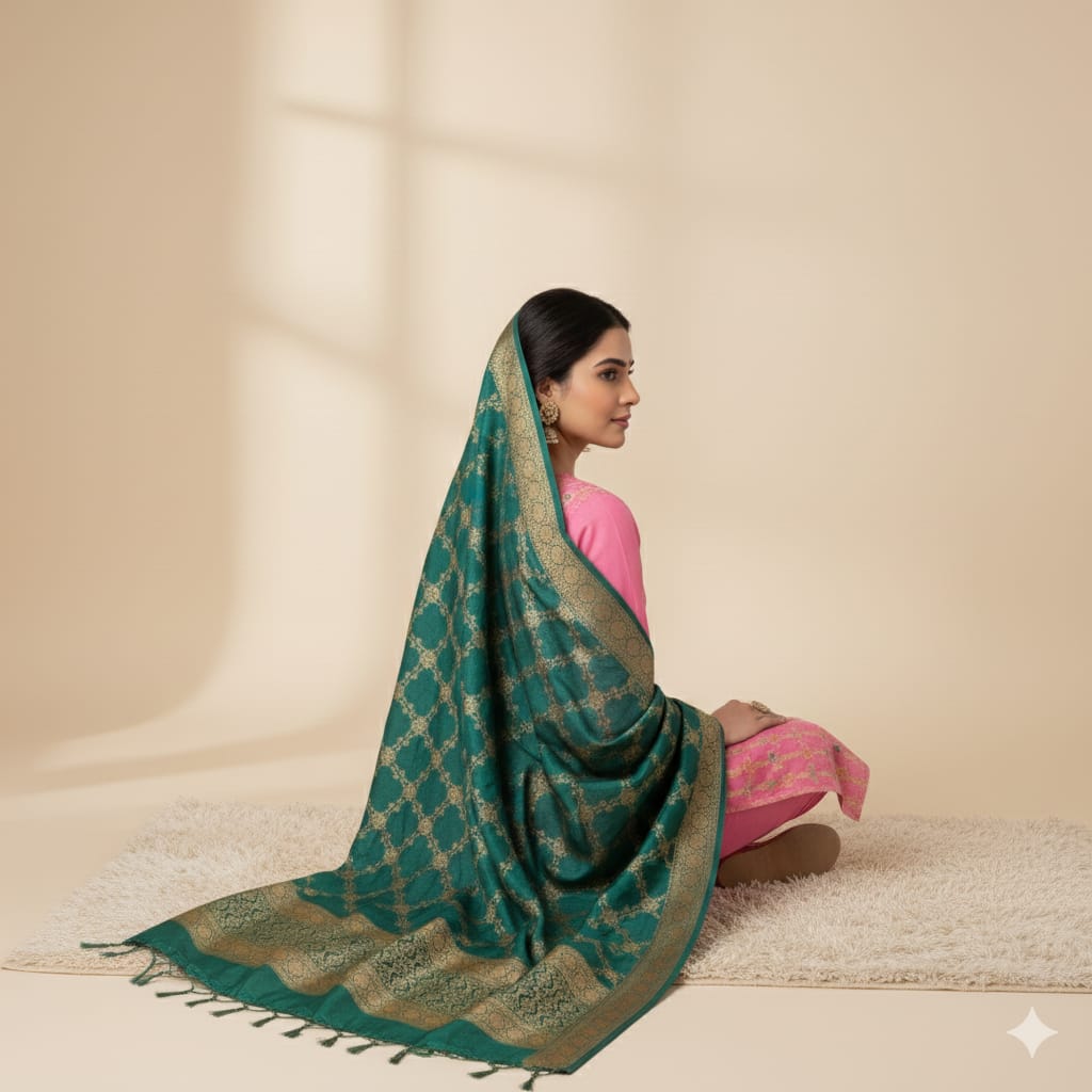 Silakaari Zubaida Banarasi Green-Pink Hand Woven Unstitch Dress Material