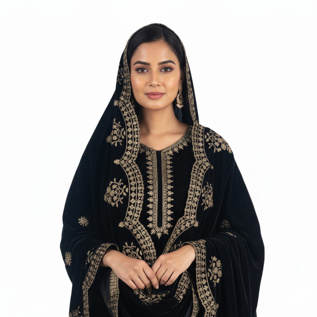 Black Classic Velvet Embroidery Work Heavy Bridal Kurti Pant Set