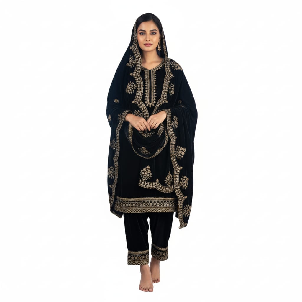 Black Classic Velvet Embroidery Work Heavy Bridal Kurti Pant Set