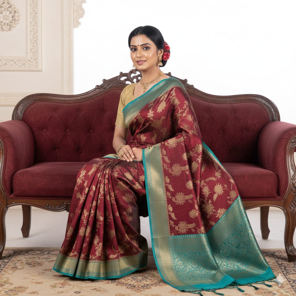 Silakaari Mahogany Maroon Zari Banarasi Festive Saree