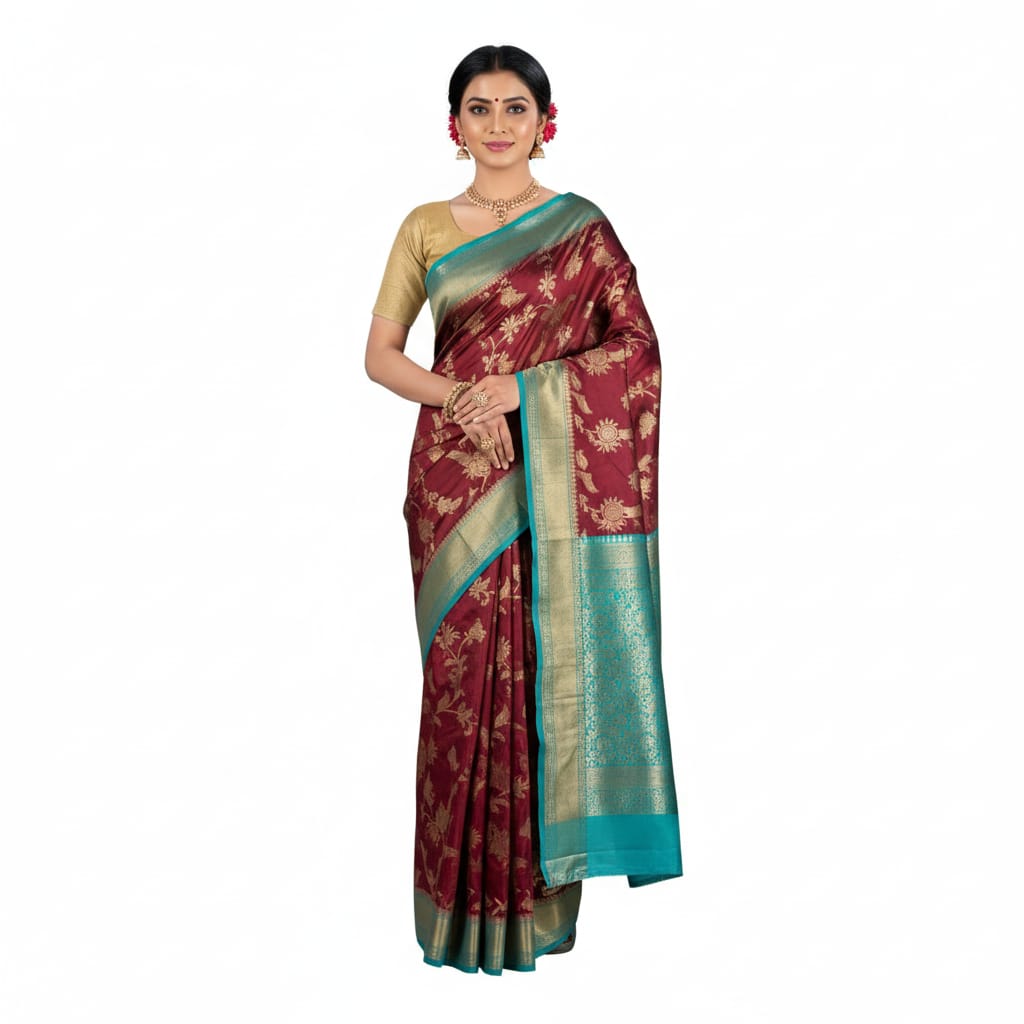 Silakaari Mahogany Maroon Zari Banarasi Festive Saree