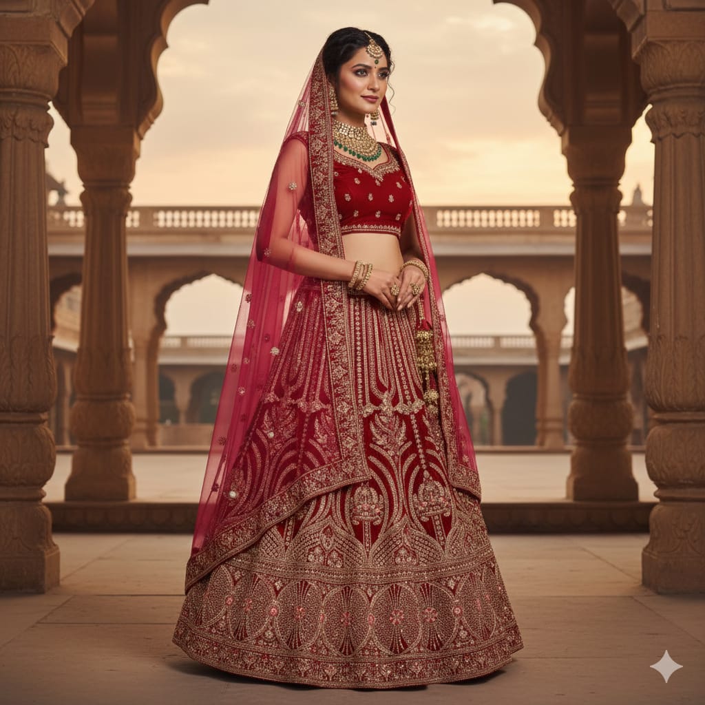 Silakaari Exquisite Dusty Hot Pink Velvet Heavy Bridal Lehenga Set with Embroidery
