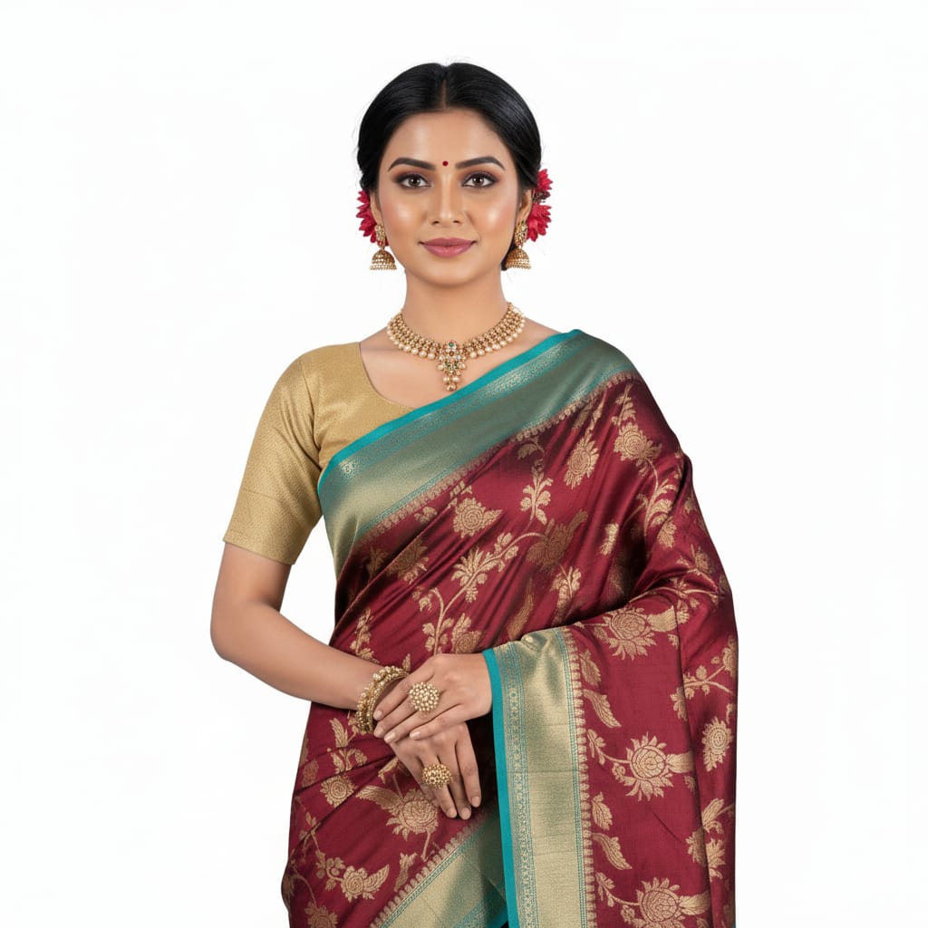 Silakaari Mahogany Maroon Zari Banarasi Festive Saree