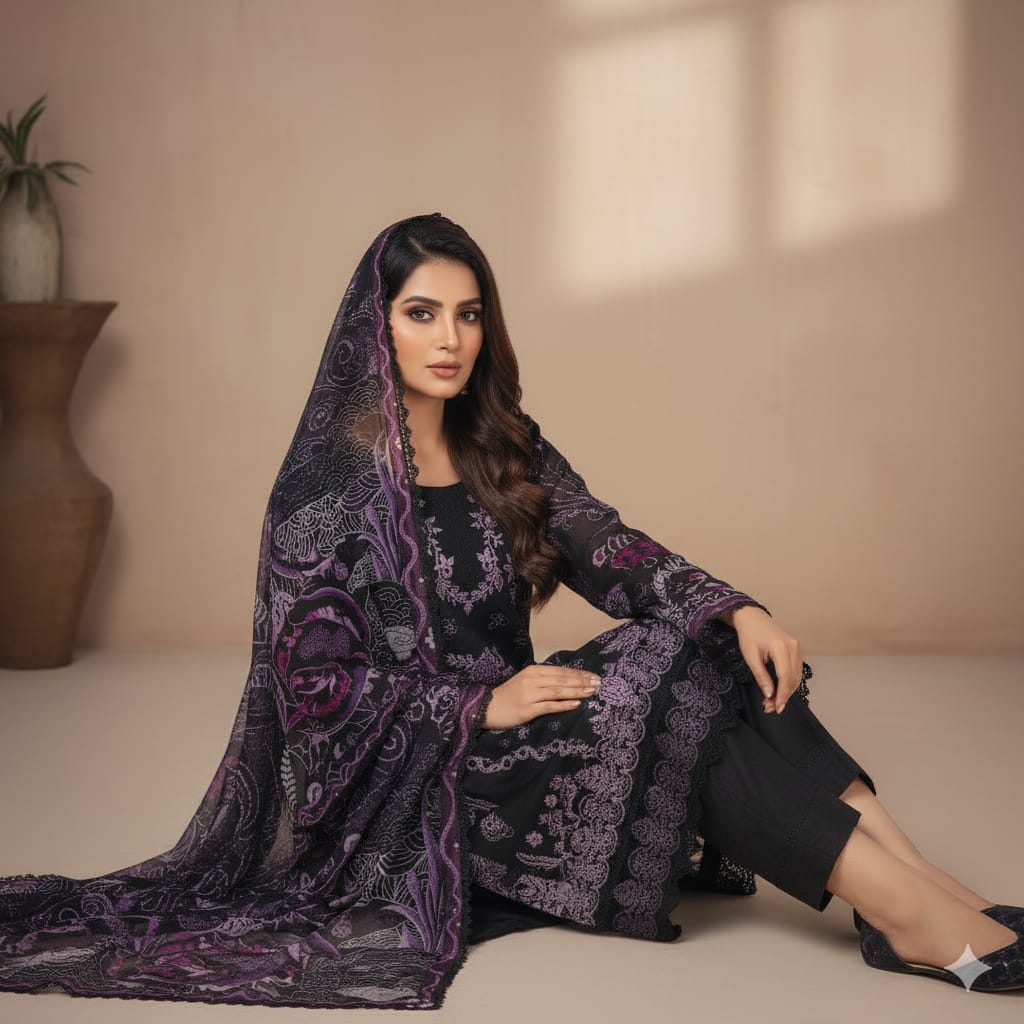 Silakaari Kurbat Pure Lawn All Over Embroidery With Sequin Black-Purple Full Patch Work Ready-Made Dress