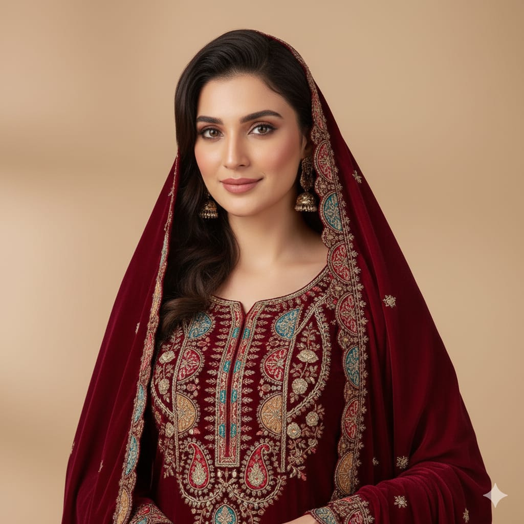 Silakaari Mahogony Maroon Gold Sequin Heavy Bridal Velvet Garara Palazzo Set