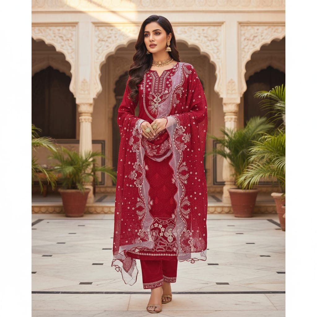 Silakaari Shehzadi Maroon-White Pure Lawn Organza Premium Unstitched  Suits