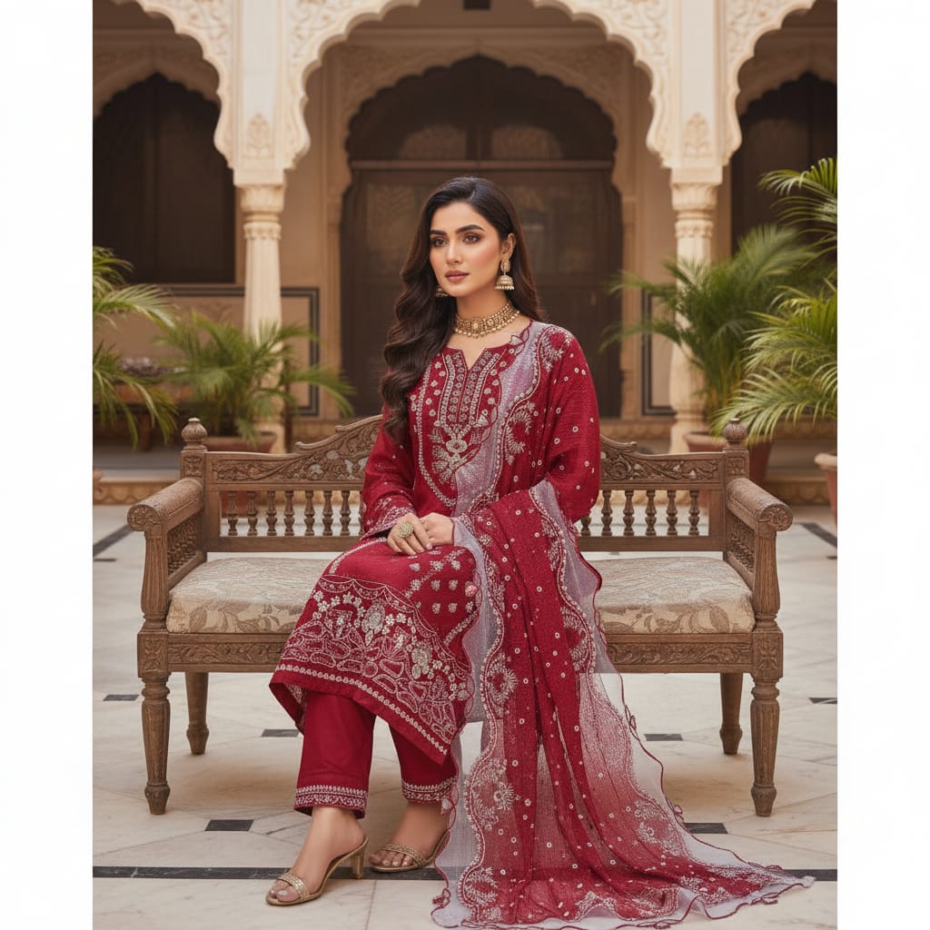 Silakaari Shehzadi Maroon-White Pure Lawn Organza Premium Unstitched Suits