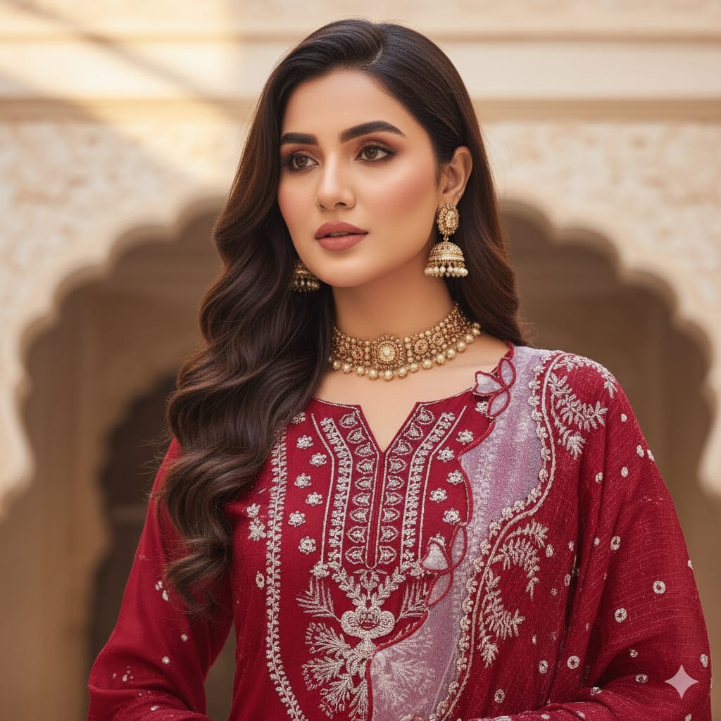 Silakaari Shehzadi Maroon-White Pure Lawn Organza Premium Unstitched  Suits