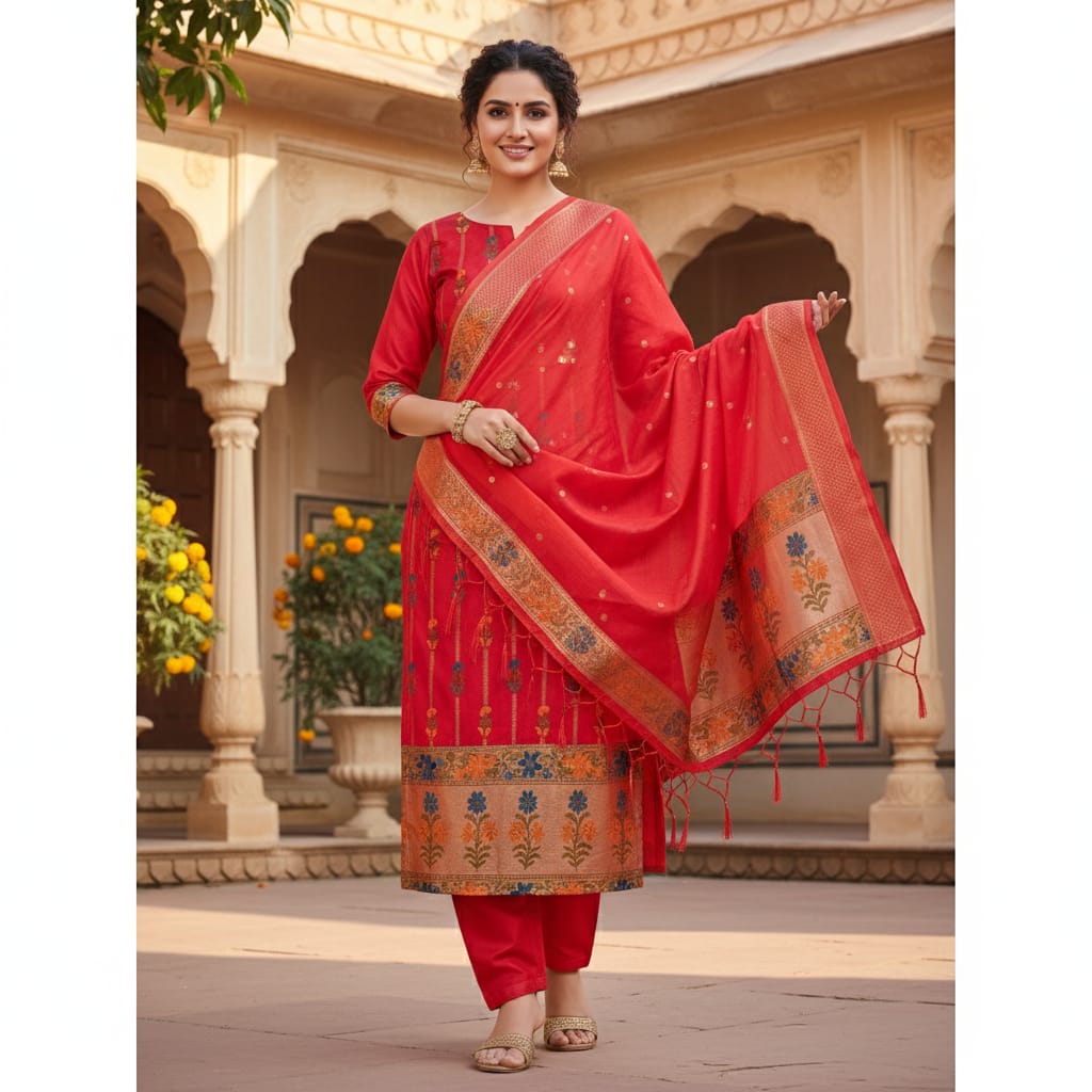 Silakaari Banarasi Silk Woven Zardosi Work & Golden foil Apple Red Unstitched Suit