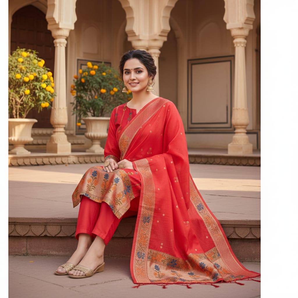 Silakaari Banarasi Silk Woven Zardosi Work & Golden foil Apple Red Unstitched Suit