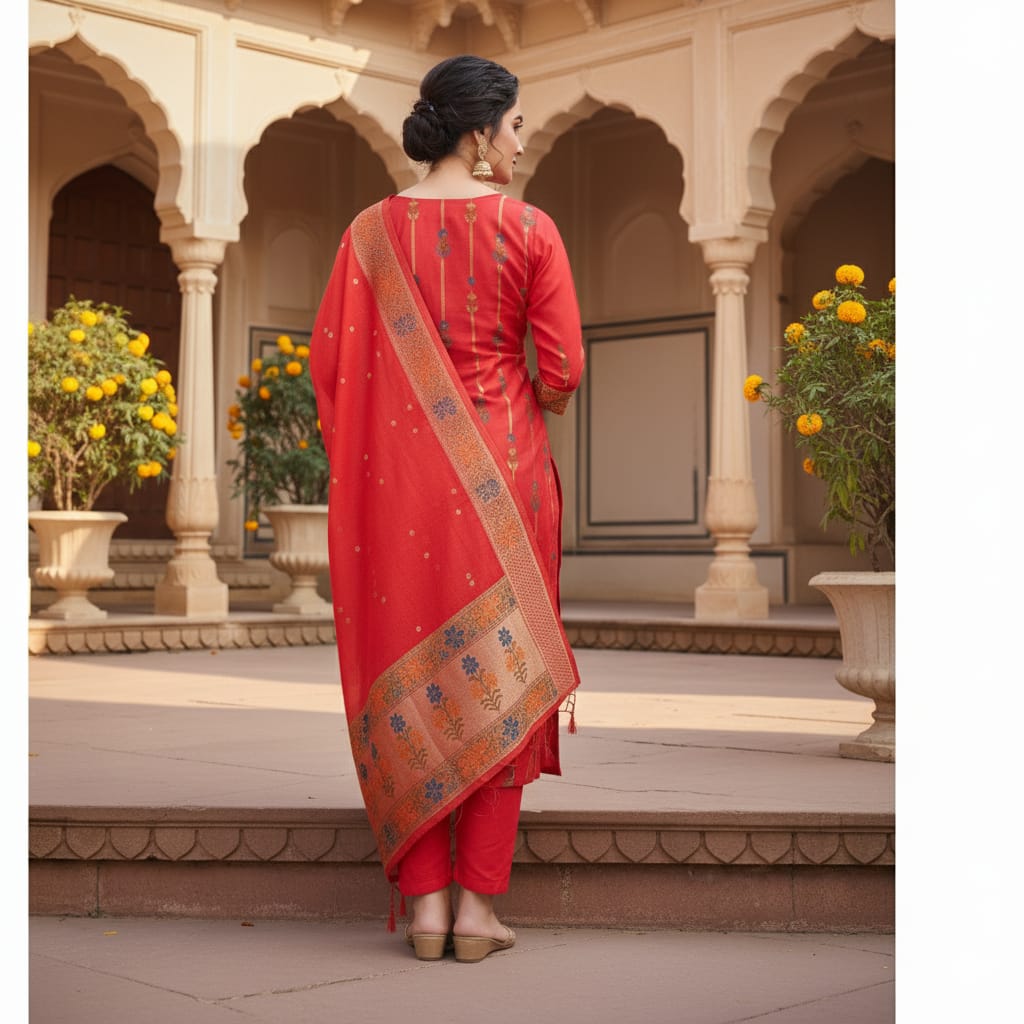 Silakaari Banarasi Silk Woven Zardosi Work & Golden foil Apple Red Unstitched Suit