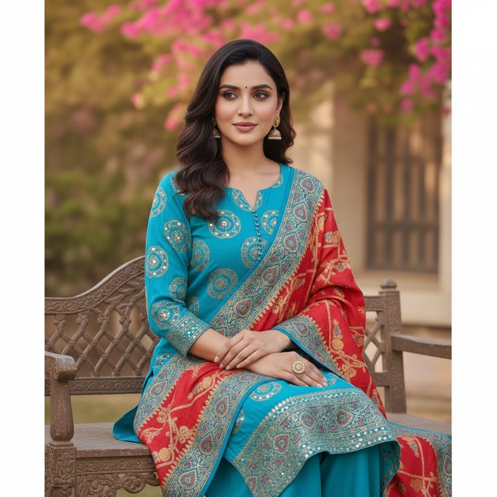 Silakaari Khoobsurat Blue-Red Pure Banarasi Katan Silk unstitch Salwar Suit
