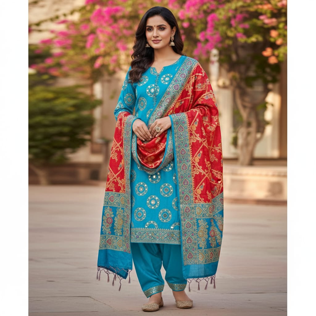 Silakaari Khoobsurat Blue-Red Pure Banarasi Katan Silk unstitch Salwar Suit