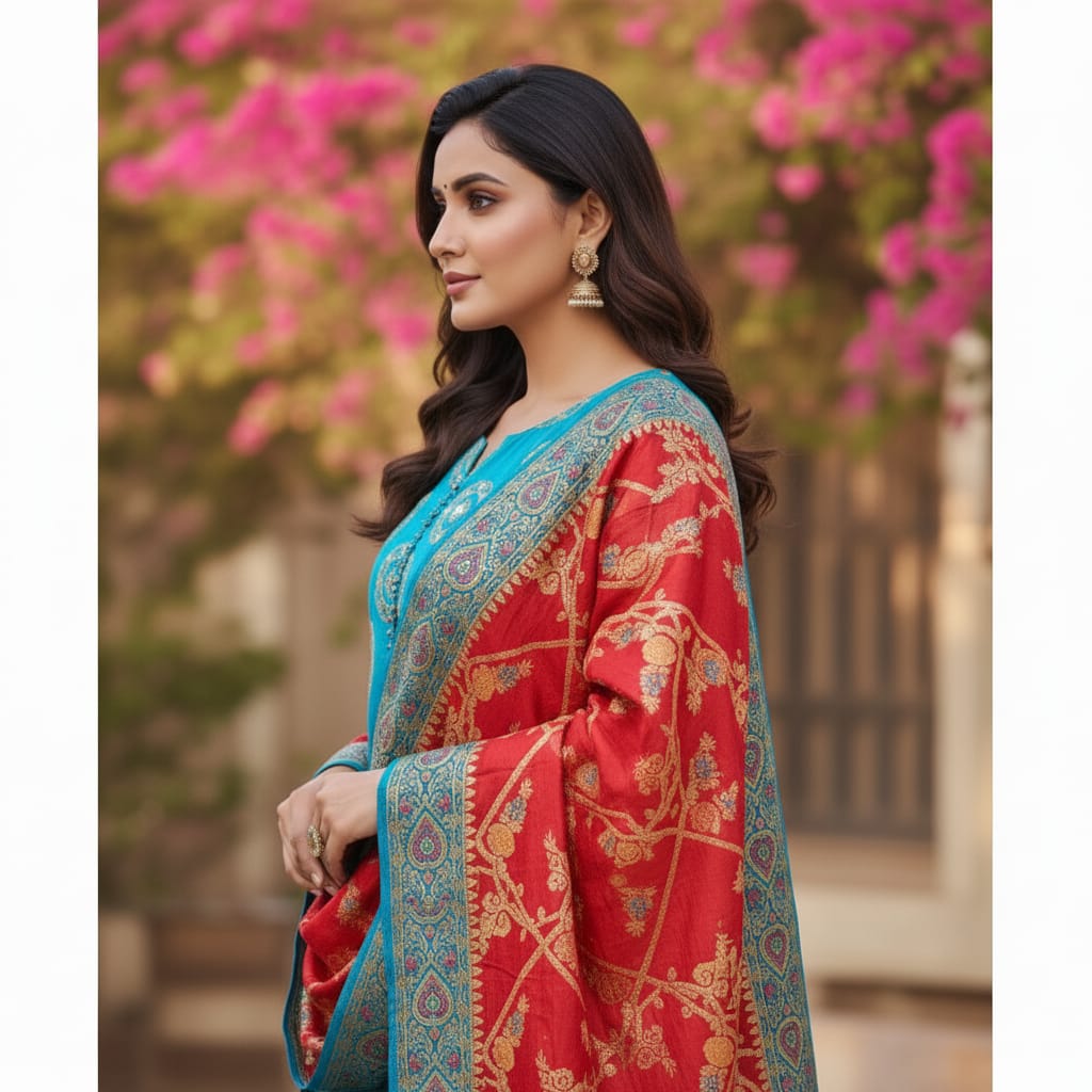 Silakaari Khoobsurat Blue-Red Pure Banarasi Katan Silk unstitch Salwar Suit