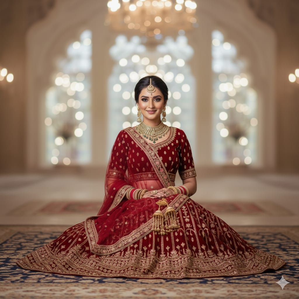 Silakaari Maroon Velvet Bridal Lehenga with Zari, Zarkan & Cutdana Work