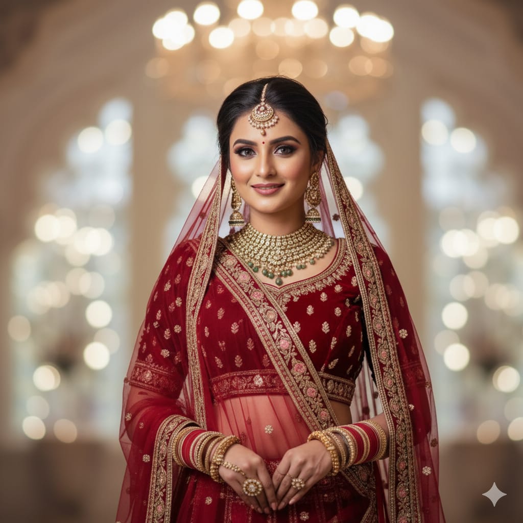 Silakaari Maroon Velvet Bridal Lehenga with Zari, Zarkan & Cutdana Work