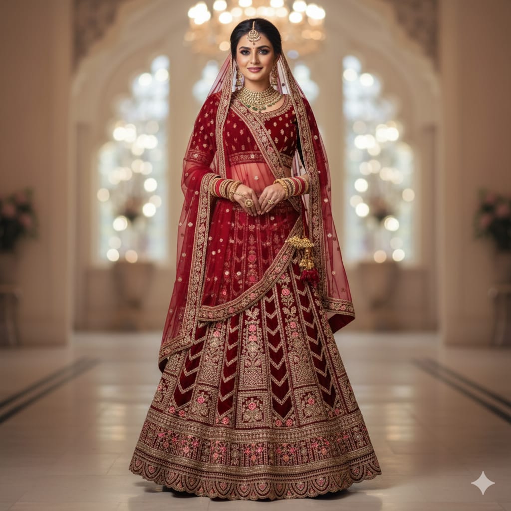 Silakaari Maroon Velvet Bridal Lehenga with Zari, Zarkan & Cutdana Work