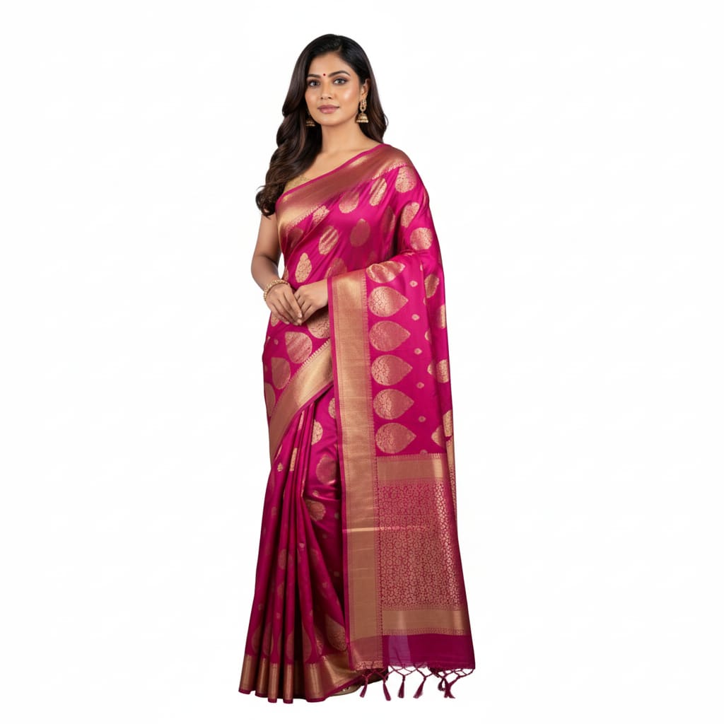 Silakaari Azmaish Hot Pink-Gold Tone Woven Silk Banarasi Saree
