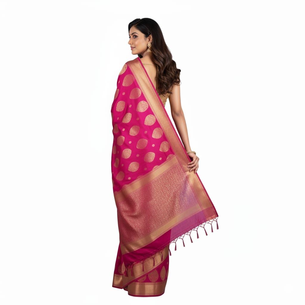 Silakaari Azmaish Hot Pink-Gold Tone Woven Silk Banarasi Saree